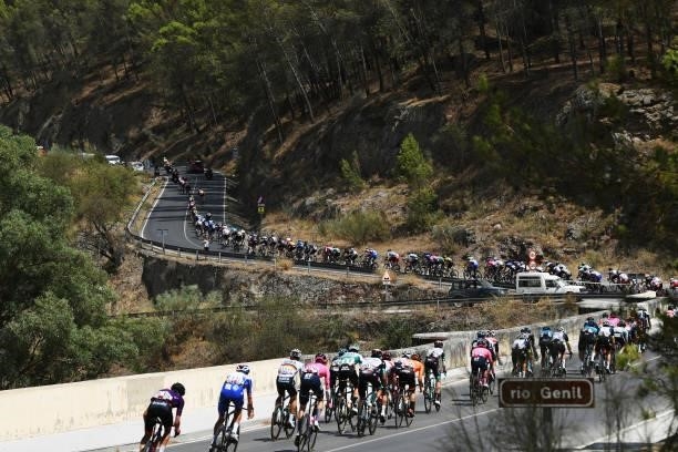 General view of the Peloton passing a bridge over Genil river during the 76th Tour of Spain 2021, Stage 11 a 133,6km stage from Antequera to...
