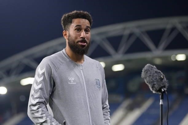 Andros Townsend of Everton speaks to the media after the Carabao Cup Second Round match between Huddersfield Town and Everton at John Smiths Stadium...