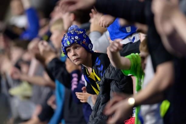 An Everton fan watches on during the Carabao Cup Second Round match between Huddersfield Town and Everton at John Smiths Stadium on August 24 2021 in...
