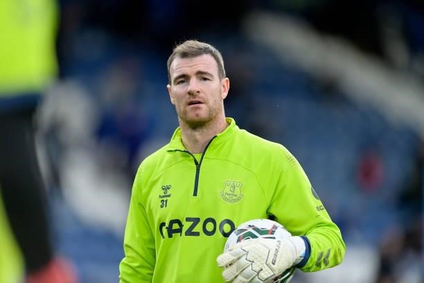 Andy Lonergan of Everton before the Carabao Cup Second Round match between Huddersfield Town and Everton at John Smiths Stadium on August 24 2021 in...