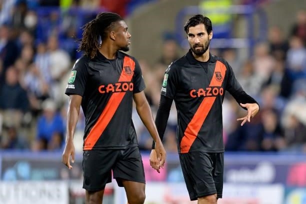 Alex Iwobi and Andre Gomes of Everton during the Carabao Cup Second Round match between Huddersfield Town and Everton at John Smiths Stadium on...