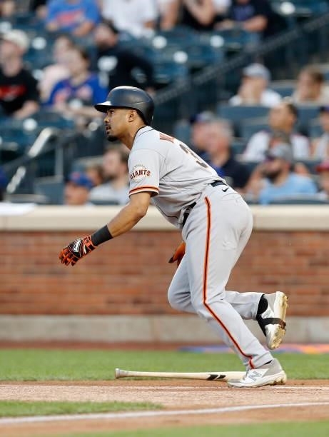 LaMonte Wade Jr. #31 of the San Francisco Giants in action against the New York Mets at Citi Field on August 24, 2021 in New York City. The Giants...