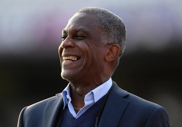 Michael Holding of Sky television laughs after the first day of the 3rd LV= Test Match between England and India at Emerald Headingley Stadium on...