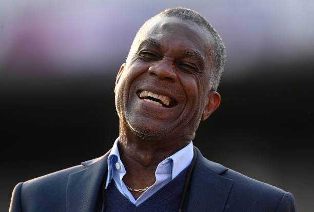 Michael Holding of Sky television laughs after the first day of the 3rd LV= Test Match between England and India at Emerald Headingley Stadium on...