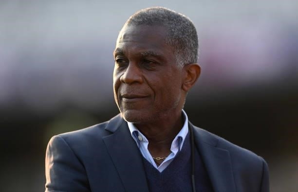 Michael Holding of Sky television looks on after the first day of the 3rd LV= Test Match between England and India at Emerald Headingley Stadium on...