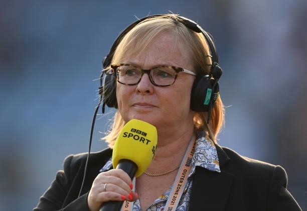Eleanor Oldroyd of the BBC looks on after the first day of the 3rd LV= Test Match between England and India at Emerald Headingley Stadium on August...