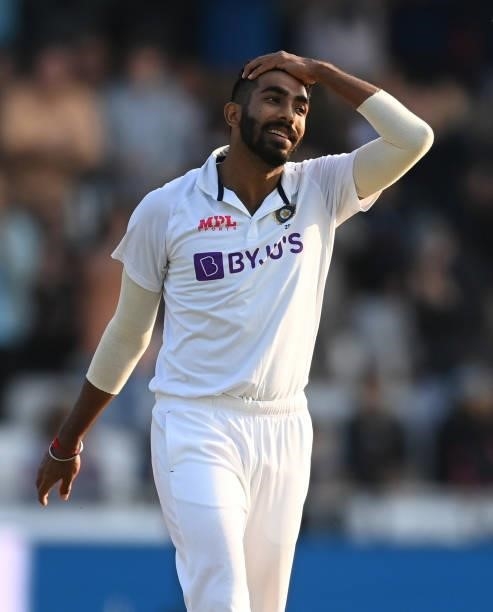 Jasprit Bumrah of India reacts during the first day of the 3rd LV= Test Match between England and India at Emerald Headingley Stadium on August 25,...
