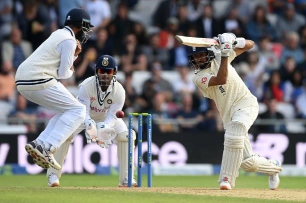 Haseeb Hameed of England hits out during the first day of the 3rd LV= Test Match between England and India at Emerald Headingley Stadium on August...