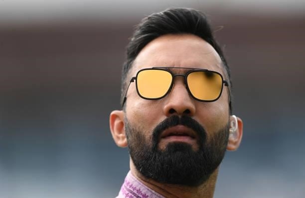 Dinesh Karthik of Sky television looks on before the first day of the 3rd LV= Test Match between England and India at Emerald Headingley Stadium on...