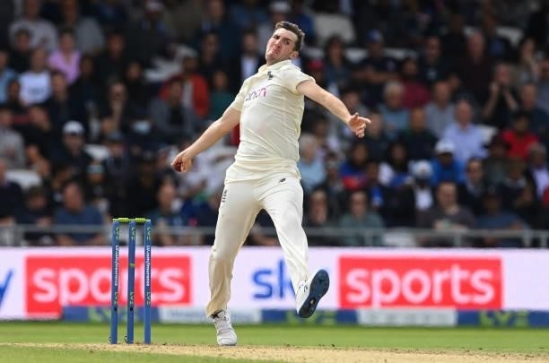 Craig Overton of England bowls during the first day of the 3rd LV= Test Match between England and India at Emerald Headingley Stadium on August 25,...