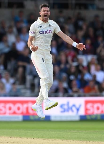 James Anderson of England reacts as he dismisses Virat Kohli of India during the 3rd LV= Test Match between England and India at Emerald Headingley...