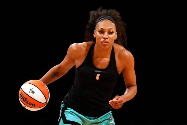 Betnijah Laney of the New York Liberty warms up before the first half against the Phoenix Mercury at Barclays Center on August 25, 2021 in the...