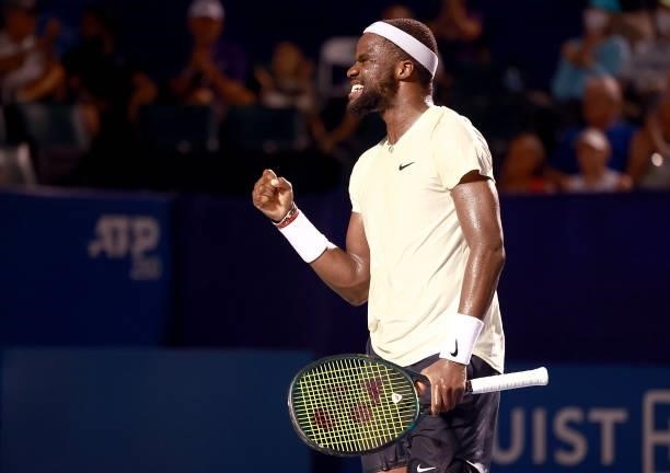 Frances Tiafoe reacts after his win against Thiago Monteiro of Brazil on Day 5 of the Winston-Salem Open at Wake Forest Tennis Complex on August 25,...