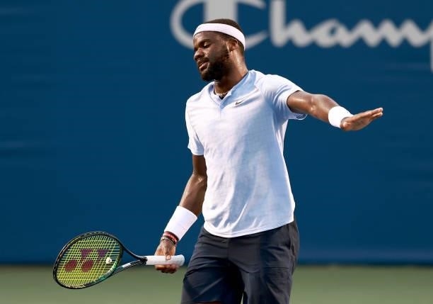 Frances Tiafoe reacts during his win against Thiago Monteiro of Brazil on Day 5 of the Winston-Salem Open at Wake Forest Tennis Complex on August 25,...
