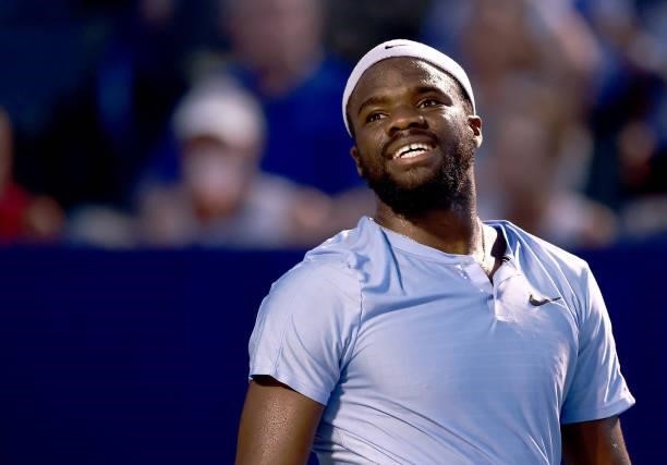 Frances Tiafoe plays against Thiago Monteiro of Brazil on Day 5 of the Winston-Salem Open at Wake Forest Tennis Complex on August 25, 2021 in Winston...