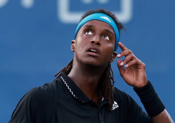 Mikael Ymer of Sweden plays against Max Purcell of Australia on Day 5 of the Winston-Salem Open at Wake Forest Tennis Complex on August 25, 2021 in...