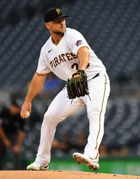 Wil Crowe of the Pittsburgh Pirates in action during the game against the Arizona Diamondbacks at PNC Park on August 23, 2021 in Pittsburgh,...