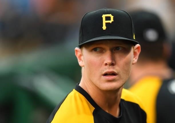 Mitch Keller of the Pittsburgh Pirates looks on during the game against the Arizona Diamondbacks at PNC Park on August 23, 2021 in Pittsburgh,...