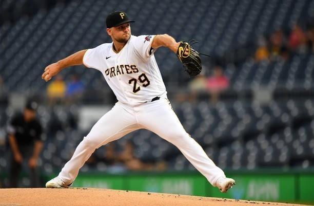 Wil Crowe of the Pittsburgh Pirates in action during the game against the Arizona Diamondbacks at PNC Park on August 23, 2021 in Pittsburgh,...