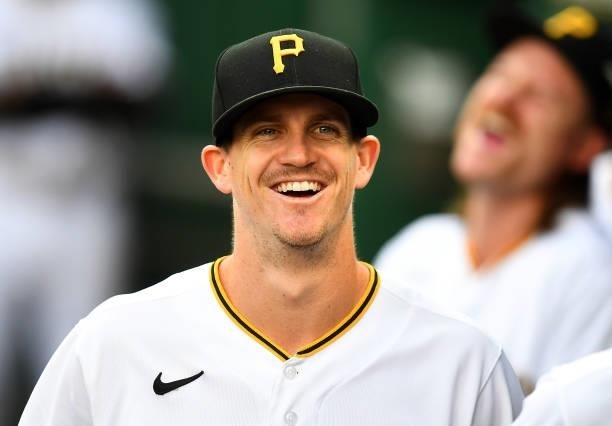 Kevin Newman of the Pittsburgh Pirates looks on during the game against the Arizona Diamondbacks at PNC Park on August 23, 2021 in Pittsburgh,...