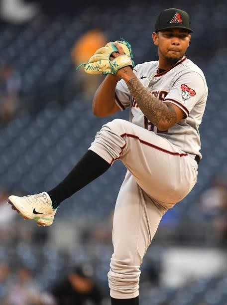 Humberto Mejia of the Arizona Diamondbacks in action during the game against the Pittsburgh Pirates at PNC Park on August 23, 2021 in Pittsburgh,...
