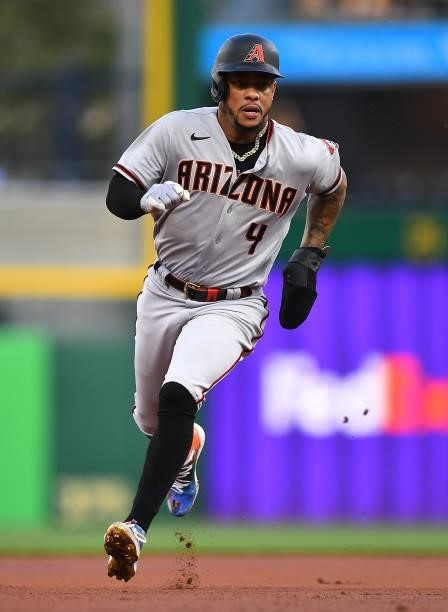 Ketel Marte of the Arizona Diamondbacks in action during the game against the Pittsburgh Pirates at PNC Park on August 23, 2021 in Pittsburgh,...