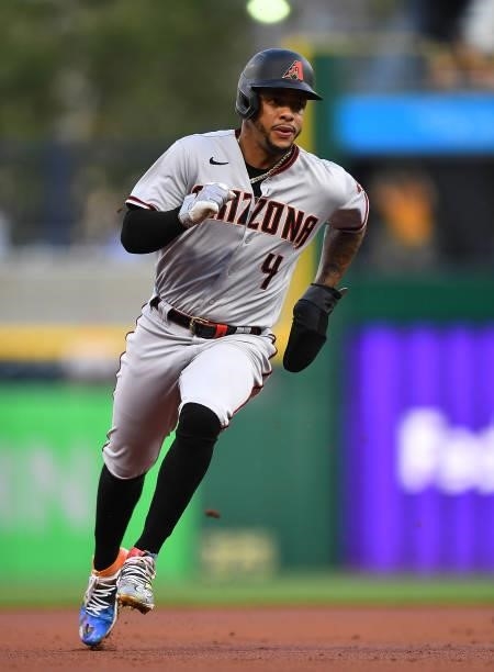 Ketel Marte of the Arizona Diamondbacks in action during the game against the Pittsburgh Pirates at PNC Park on August 23, 2021 in Pittsburgh,...