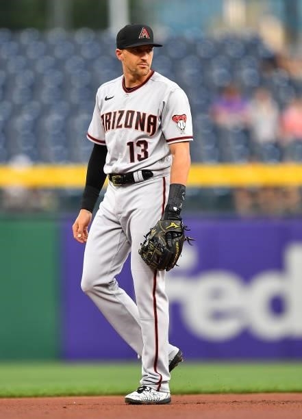 Nick Ahmed of the Arizona Diamondbacks in action during the game against the Pittsburgh Pirates at PNC Park on August 23, 2021 in Pittsburgh,...