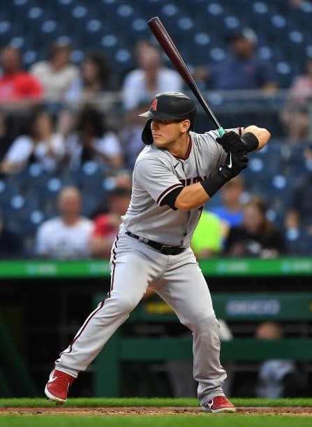 Daulton Varsho of the Arizona Diamondbacks in action during the game against the Pittsburgh Pirates at PNC Park on August 23, 2021 in Pittsburgh,...