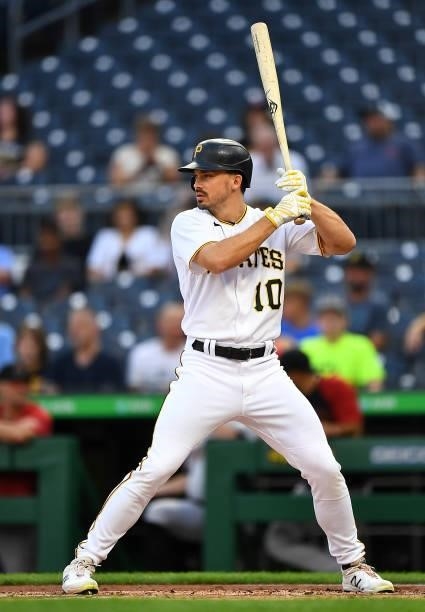 Bryan Reynolds of the Pittsburgh Pirates in action during the game against the Arizona Diamondbacks at PNC Park on August 23, 2021 in Pittsburgh,...