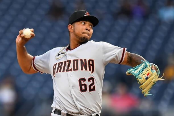 Humberto Mejia of the Arizona Diamondbacks in action during the game against the Pittsburgh Pirates at PNC Park on August 23, 2021 in Pittsburgh,...