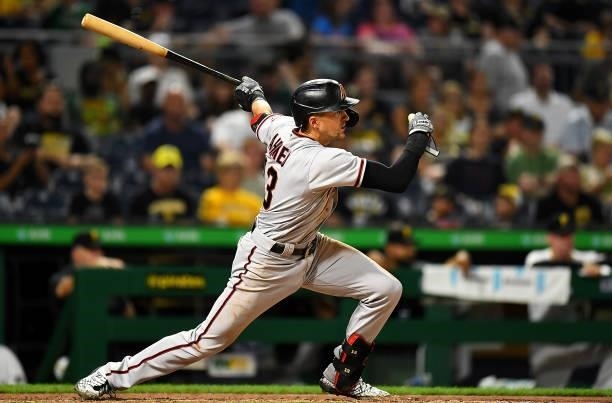 Nick Ahmed of the Arizona Diamondbacks in action during the game against the Pittsburgh Pirates at PNC Park on August 23, 2021 in Pittsburgh,...