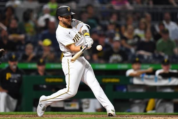 Michael Chavis of the Pittsburgh Pirates in action during the game against the Arizona Diamondbacks at PNC Park on August 23, 2021 in Pittsburgh,...