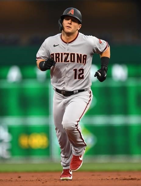 Daulton Varsho of the Arizona Diamondbacks in action during the game against the Pittsburgh Pirates at PNC Park on August 23, 2021 in Pittsburgh,...