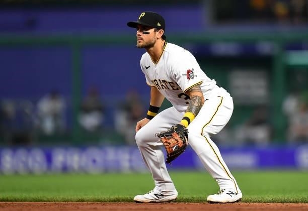 Michael Chavis of the Pittsburgh Pirates in action during the game against the Arizona Diamondbacks at PNC Park on August 23, 2021 in Pittsburgh,...