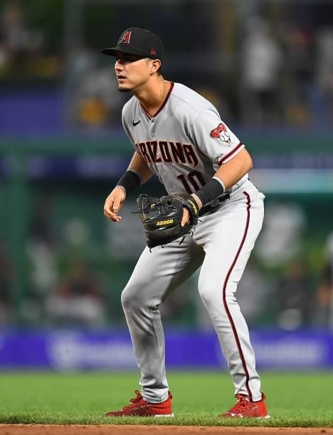 Josh Rojas of the Arizona Diamondbacks in action during the game against the Pittsburgh Pirates at PNC Park on August 23, 2021 in Pittsburgh,...