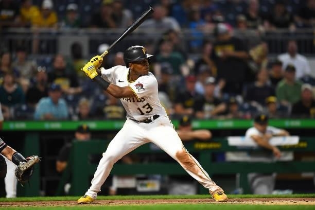 Ke'Bryan Hayes of the Pittsburgh Pirates in action during the game against the Arizona Diamondbacks at PNC Park on August 23, 2021 in Pittsburgh,...