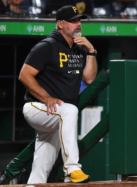 Manager Derek Shelton of the Pittsburgh Pirates looks on during the game against the Arizona Diamondbacks at PNC Park on August 23, 2021 in...