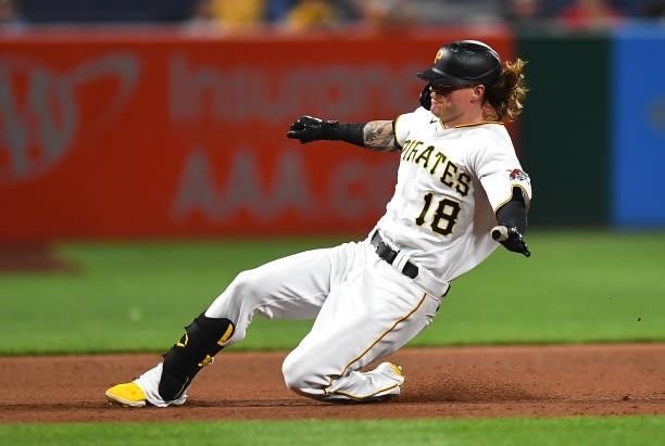 Ben Gamel of the Pittsburgh Pirates in action during the game against the Arizona Diamondbacks at PNC Park on August 23, 2021 in Pittsburgh,...