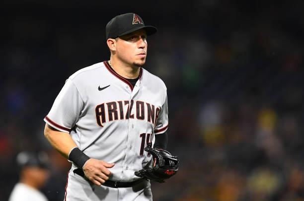 Asdrubal Cabrera of the Arizona Diamondbacks looks on during the game against the Pittsburgh Pirates at PNC Park on August 23, 2021 in Pittsburgh,...