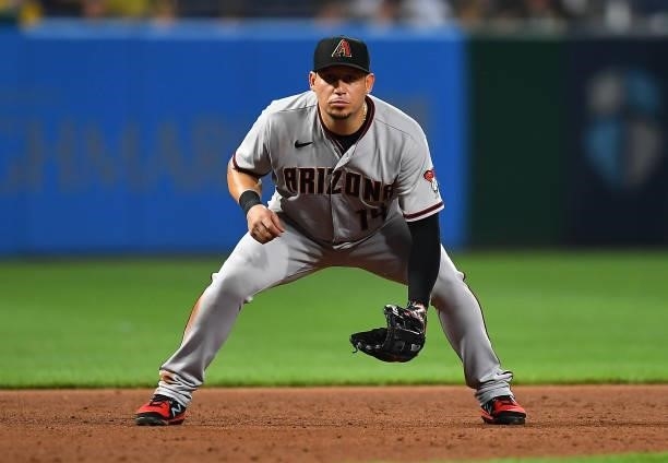 Asdrubal Cabrera of the Arizona Diamondbacks in action during the game against the Pittsburgh Pirates at PNC Park on August 23, 2021 in Pittsburgh,...