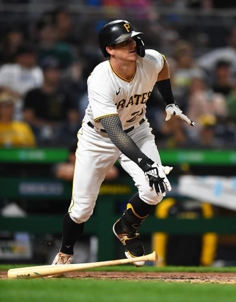 Kevin Newman of the Pittsburgh Pirates in action during the game against the Arizona Diamondbacks at PNC Park on August 23, 2021 in Pittsburgh,...