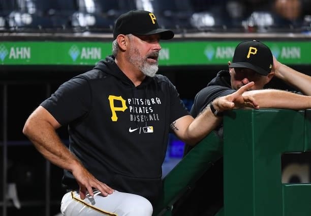 Manager Derek Shelton of the Pittsburgh Pirates looks on during the game against the Arizona Diamondbacks at PNC Park on August 23, 2021 in...