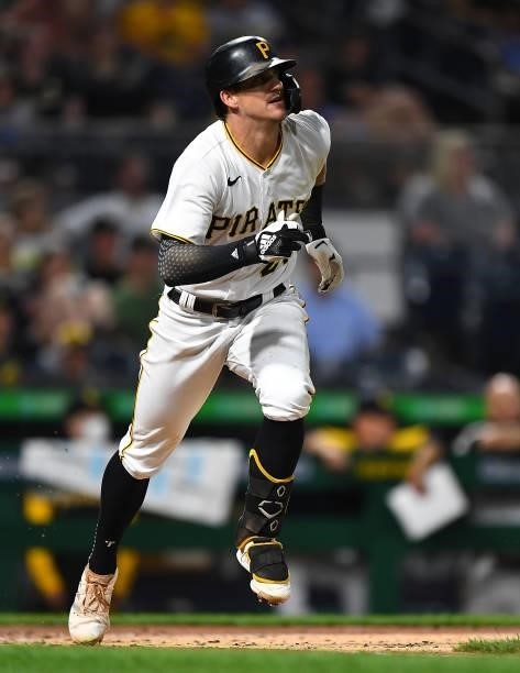 Kevin Newman of the Pittsburgh Pirates in action during the game against the Arizona Diamondbacks at PNC Park on August 23, 2021 in Pittsburgh,...