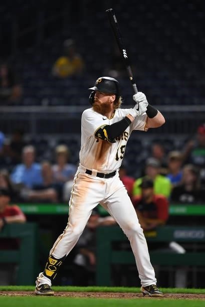 Colin Moran of the Pittsburgh Pirates in action during the game against the Arizona Diamondbacks at PNC Park on August 23, 2021 in Pittsburgh,...