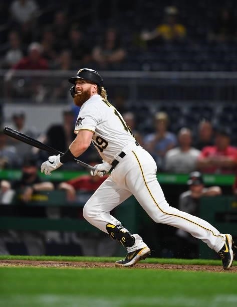 Colin Moran of the Pittsburgh Pirates in action during the game against the Arizona Diamondbacks at PNC Park on August 23, 2021 in Pittsburgh,...