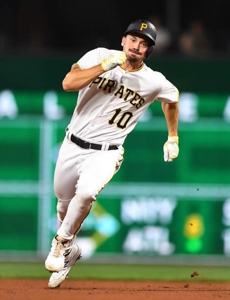 Bryan Reynolds of the Pittsburgh Pirates in action during the game against the Arizona Diamondbacks at PNC Park on August 23, 2021 in Pittsburgh,...