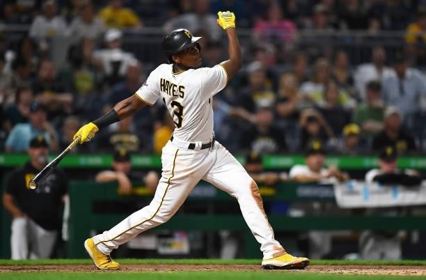 Ke'Bryan Hayes of the Pittsburgh Pirates in action during the game against the Arizona Diamondbacks at PNC Park on August 23, 2021 in Pittsburgh,...