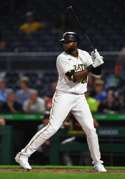 Gregory Polanco of the Pittsburgh Pirates in action during the game against the Arizona Diamondbacks at PNC Park on August 23, 2021 in Pittsburgh,...