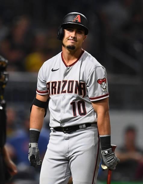 Josh Rojas of the Arizona Diamondbacks looks on during the game against the Pittsburgh Pirates at PNC Park on August 23, 2021 in Pittsburgh,...